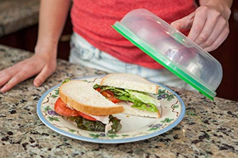 Press n Fresh Universal Vacuum Air-tight Food Sealer Container Plate Platter Lid Cover Topper Dome, Stackable, Dishwasher and BPA Free (9 & 7 inches, Green)