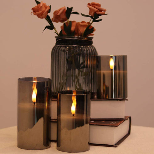 Eldnacele Glass Candles Flameless Flickering Candles with Remote Control & Timer, 3D Wick LED Battery Operated Pillar Candles Set of 3 Black Glass Candles Warm Light (D3? x H4? 5? 6?)