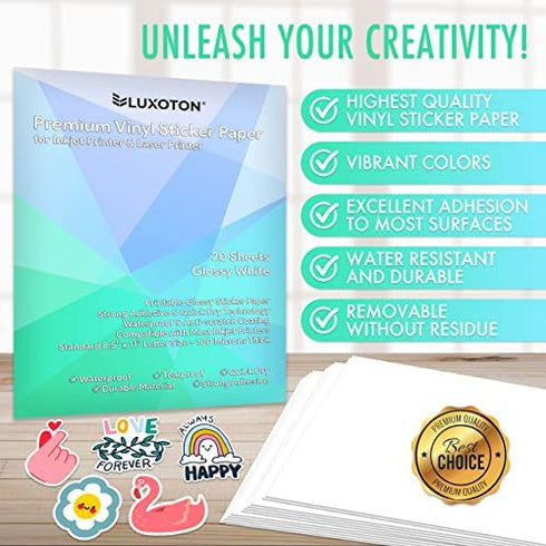 Premium Printable Vinyl Sticker Paper - 20 Sheets Glossy White Waterproof Decal Paper for Inkjet Printer Vivid Colors Self-Adhesive Labels Crafts DIY Project Standard Full Letter Size 8.5"x11"