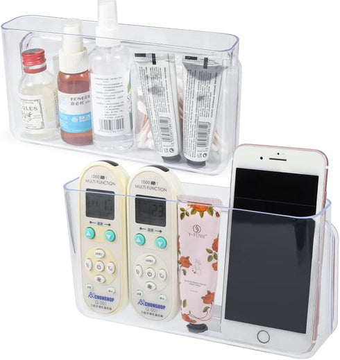 BUTEFO 2 Pack Wall Mount Remote Control Holder Media Organizer Storage Box Plastic Stationery Storage Box for Books Pencils Pens Acrylic Transparent Holder( Large 8.7x4.7inch )