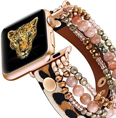 fastgo Bracelet Band Beaded Compatible with Apple Watch 38mm 40mm 41mm Women, Elastic Leather Leopard Strap for Iwatch SE& Series Ultra 8 7 6 5 4 3 2 1(Cheetah/Gold,38/40/41mm)