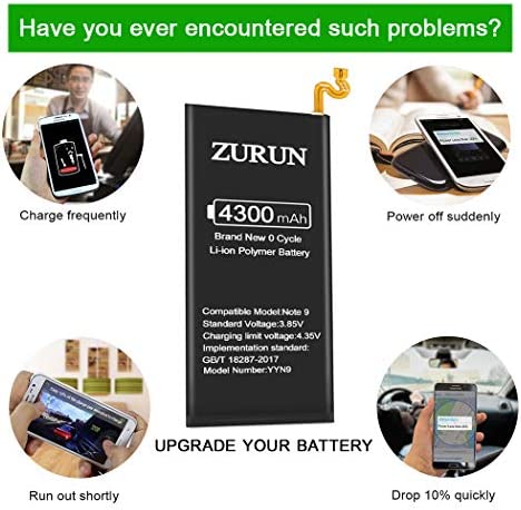 Galaxy Note 9 Battery Upgraded ZURUN 4300mAh Li-Polymer Battery EB-BN965ABU Replacement for Samsung Galaxy Note 9 SM-N960 N960V N960A N960T N960P N960U N960F with Screwdriver Tool Kit