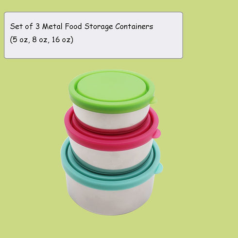 Ksooly 18/8 Stainless Steel Food Storage Containers with Leakproof Lids | Metal Snack Containers (5oz, 8oz, 16oz), Set of 3 | Easy to Open, Durable, for Snacks, Lunches, Sauces