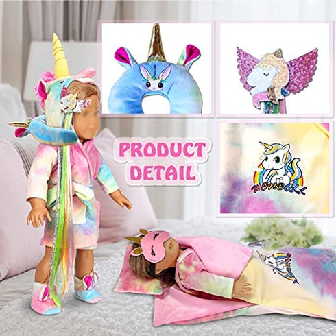 WONDOLL 18-inch Doll-Clothes and Doll-Sleeping-Bag Set - 10 Pcs Unicorn Pajama with Sleepover Masks & Pillow