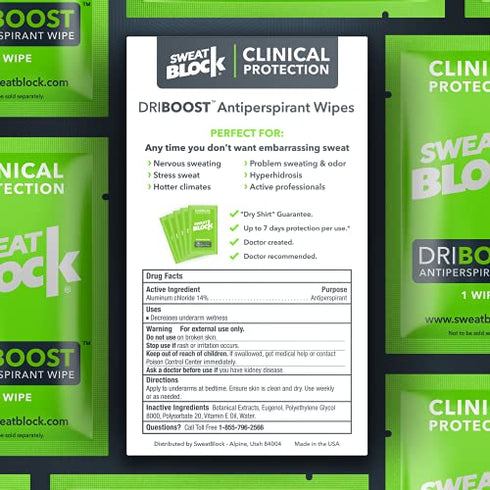 SweatBlock DRIBOOST Clinical Strength Antiperspirant Wipes - Treat Hyperhidrosis, Excessive Sweating, & Stop Pit Stains - Up to 7 days Protection Per Wipe - 5 ct - Unisex