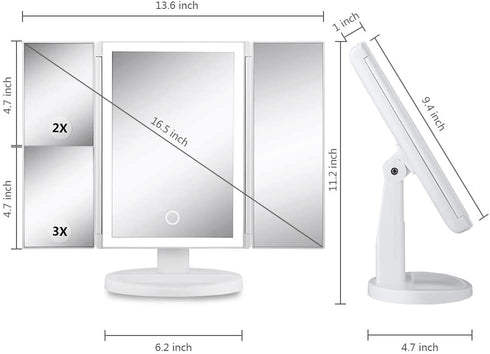 Makeup Mirror with Lights Vanity Mirror with Lights 37 LED Lighted Makeup Mirror Trifold Mirror 1X 2X 3X Magnification Touch Screen Switch 360 Degree Rotation Dual Power Supply
