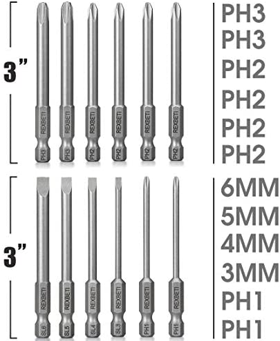 REXBETI Slotted Phillips Screwdriver Bit Set, 1/4 Inch Hex Shank S2 Steel Magnetic 3 Inch Long Drill Bits, 12 Piece