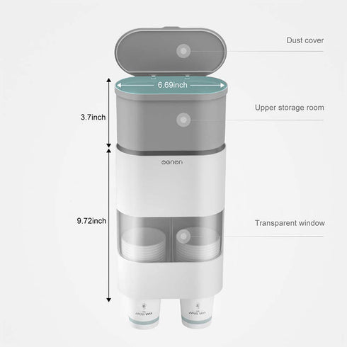 DAHAKII Cup Dispenser for Water Paper Cup Holder Wall Mounted Anti-Dust Cover Self Adhesive Pull Type Disposable Cups Holder (Gray)