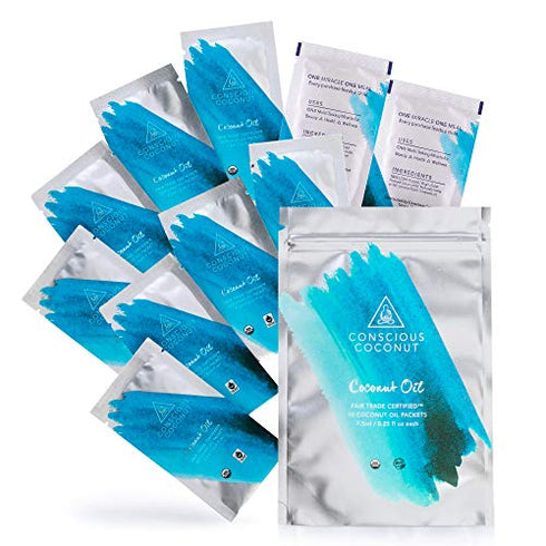 Certified Organic, Fair Trade Coconut Oil Packets, Cold-Pressed Virgin Coconut Oil for Skin Care and Hair Care, Grab & Go Box, Small Batch Coconut Oil Packets, 10 packets - Conscious Coconut