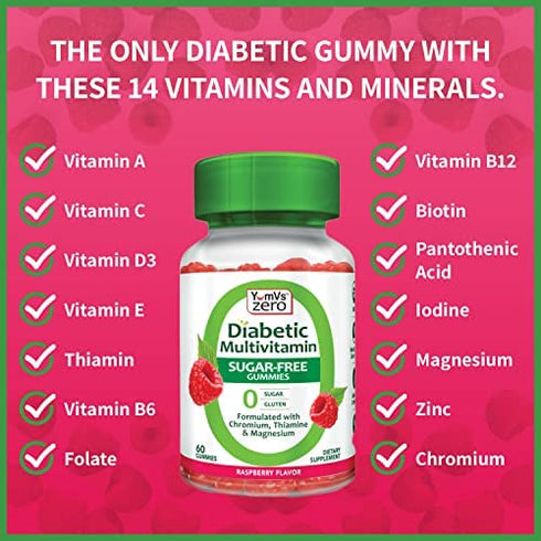 YumVs Diabetic Multivitamin Gummies | Sugar Free Diabetes Supplement Vitamins for Women & Men | Chromium, Thiamine and Magnesium | Natural Raspberry Flavor Chewables - 60 Count