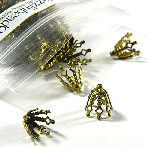 100 Big 12mm Plated Brass Bell Bead End Cap Charm Settings with Loop Ring & 7 Legs (Antique Bronze Plated)