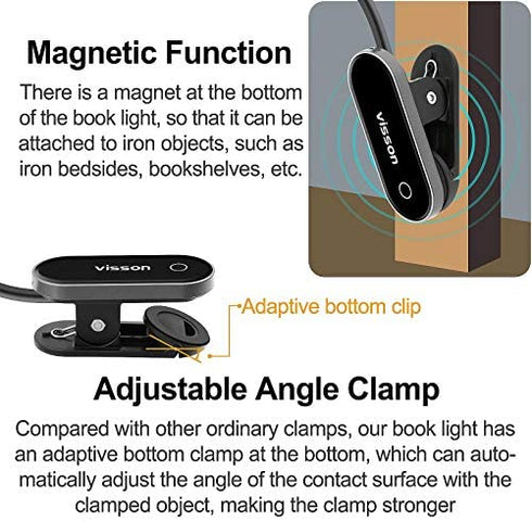Visson Stepless Dimming Book Light,12 LED Reading Lights for Books in Bed,3 Color Temperature,Rechargeable Clip-on Light with Magnetic Function.Perfect for Bookworms,Kids