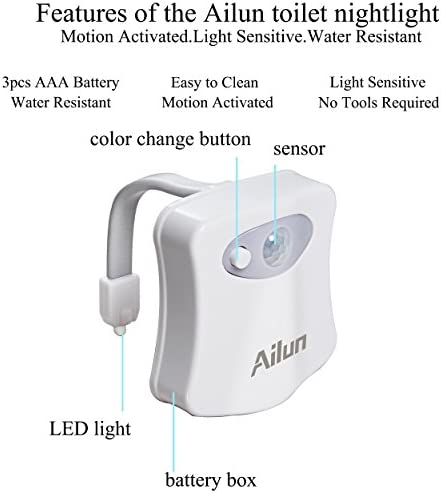 Toilet Night Light 2Pack by Ailun Motion Sensor Activated LED Light 8 Colors Changing Toilet Bowl Illuminate Nightlight for Bathroom Battery Not Included Perfect with Water Faucet Light
