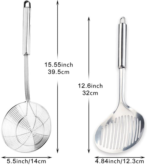 TENTA Kitchen Multi Kitchen Utensil Stainless Steel Cooking Skimmer Slotted Fish Turner Spatula Spoon Colander Drain Water Filter Spoon Ladle Spider Strainer Skimmer Ladle for Cooking &Frying (2pcs)