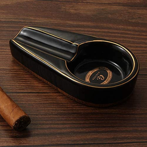 Galiner Cigar Ashtray, Travel Ceramic Ashtray, Outdoor cigar Ash Tray gift accessoires(Black With Golden line)