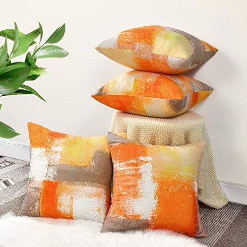 Yastouay Orange Throw Pillow Covers Burnt Orange Grey Pillow Covers Set of 4 Decorative Cushion Covers for Couch Living Room Home Decor, 18 x 18 inches