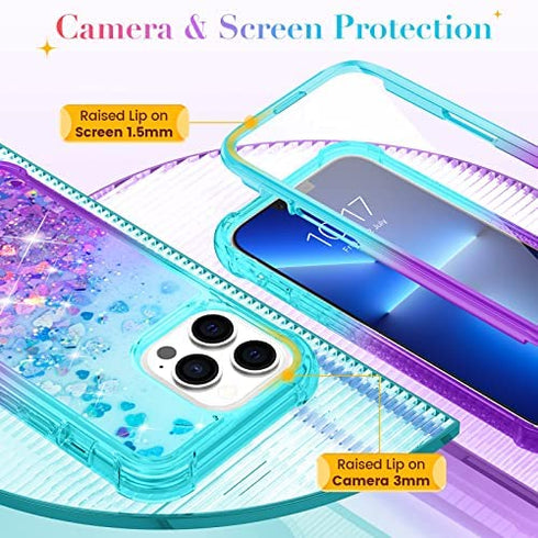 Ruky Case Compatible with iPhone 13 Pro Max, Full Body Glitter Liquid Cover with Built-in Screen Protector Soft TPU Shockproof Protective Girls Women Phone Case for iPhone 13 Pro Max, Teal Purple
