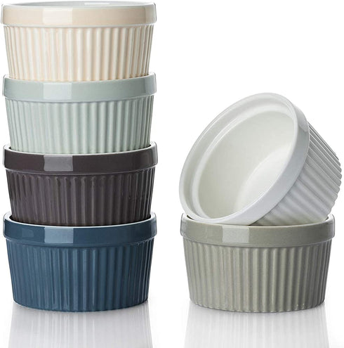 DOWAN Ramekins 4 oz Oven Safe - Creme Brulee Ramekins for Baking, Porcelain Ramekins Oven Safe, Classic Style Souffle Ramekins Ramekins Bowls, Set of 6, Multi Brown