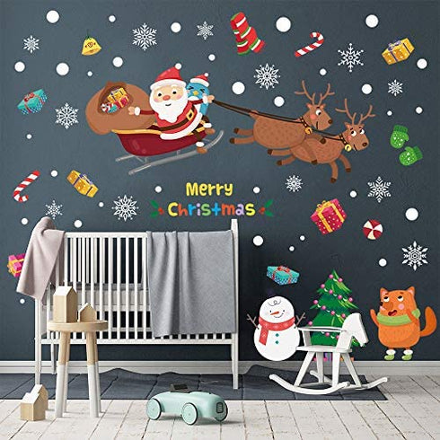 Supzone Christmas Wall Stickers Santa Claus Elk Wall Decals Removable Vinyl DIY Snowman Wall Decor Christmas Party Window Playroom Bedroom Classroom Living Room