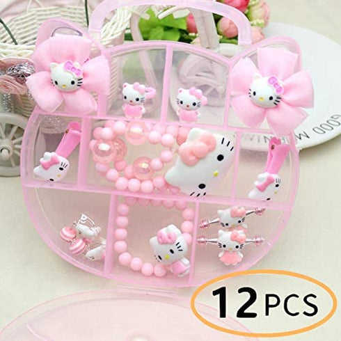 Hello Kitty Jewelry Set, Hello Kitty 12 Pieces Pink Kitty Jewelry- Hello Kitty Necklace, Earring, Bracelet, Hair Accessory, Kitty Cat Ring etc, Pink Hello Kitty Accessories, Birthday Gift for Women.