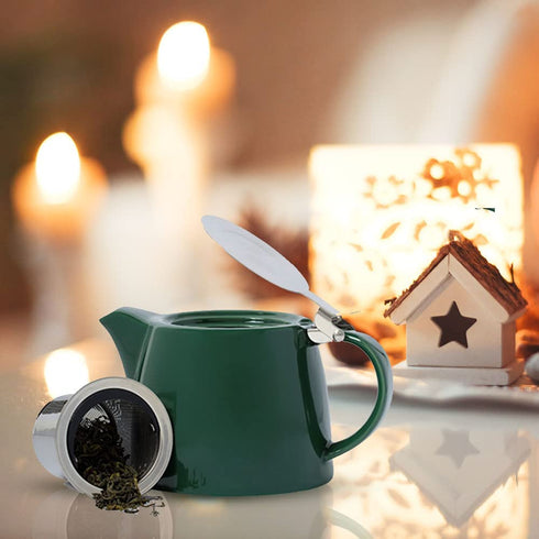 VAHDAM, Porcelain Teapot - Dark Green (16.9 oz) - Handcrafted Teapot with 18/8 Stainless Steel Lid and Extra-Fine Infuser To Brew Loose Leaf Tea | Beautiful Tea Kettle with Infuser