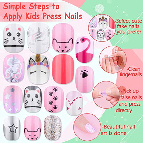 144 Pcs Fake Press on Nails for Kids, Thrilez Kids False Nails Children Artificial Fake Nail Tips Pre Glue Full Cover Short Nails for Girls Kids Teens Nail Art Decoration (Pink Series)