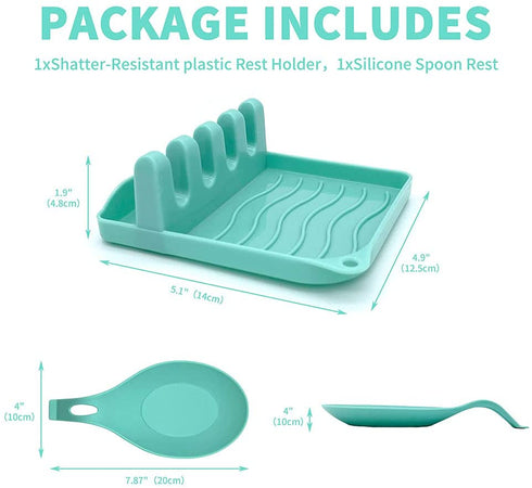LSVGOE 2 Pack Multiple Utensil Spoon Rest with Drip Pad Non-Slip Heat Resistant Kitchen and Grill Spoon Holder for Spatula, Ladle, Tongs, Kitchen Gadgets, and Cooking Accessories (Lake Green)
