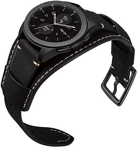 CooBES Compatible with Samsung Galaxy Watch 46mm/Galaxy Watch 3 45mm/Gear S3 Frontier/Classic Bands, 22mm Genuine Leather Cuff Bracelet Replacement Strap with Stainless Steel Buckle Men Women (Black)