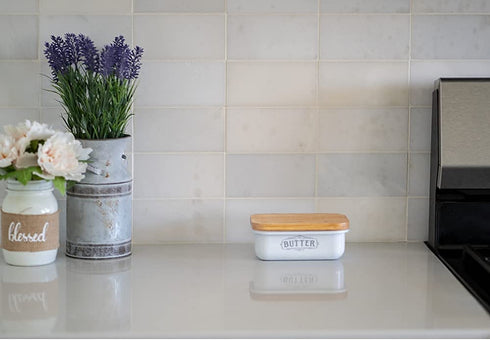 ThePerfectPicks Farmhouse Butter Dish with Lid for Countertop, Butter Keeper & Holder, Butter Container for Fridge with Wooden Freshness Seal, Enhance Kitchen Decor, Holds Two Sticks of Butter