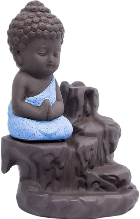 JULAN Incense Burner Backflow Tower Cones Incense Stick Holder Ceramic Porcelain Buddha Waterfall Monk Ash Catcher with 40 Backflow Incense Cones for Home Office Yoga Decor Aromatherapy Ornament