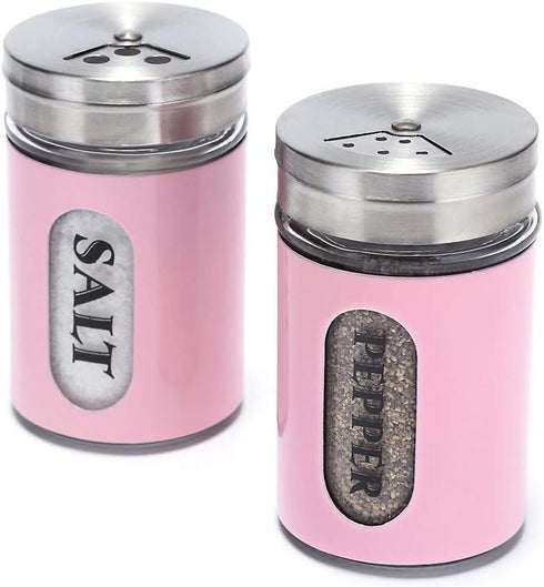 Salt and Pepper Shakers Stainless Steel and Glass Set with Adjustable Pour Holes (Pink)