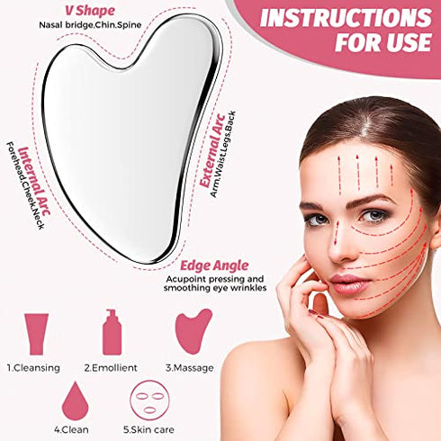 Gua Sha Facial Tool, Stainless Steel GuaSha Massage Tool Natural Universal Facial Beauty Silver Metal Gua Sha Board for SPA Acupuncture Tighten Skin Scraping Massage Tool for Face with Travel Pouch