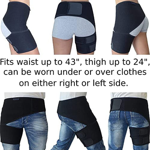ROXOFIT Hip Brace - Thigh Hamstring Sciatica Pain Relief Brace - Compression Support Wrap for Hip Flexor Strain, Groin Pull, SI Joint, Arthritis, Bursitis, Sciatic Nerve for Men, Women (Black)