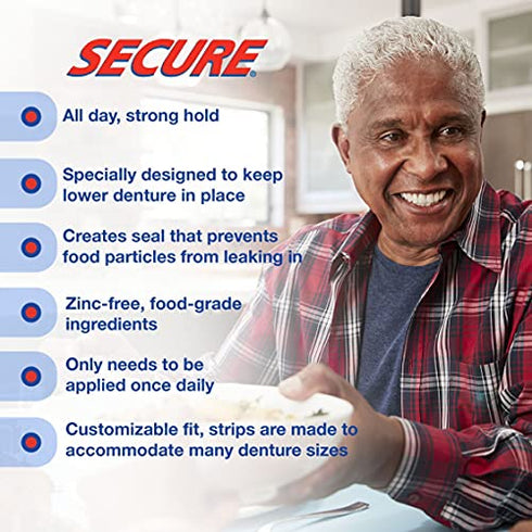 Secure Comfort Strips Waterproof Denture Adhesive - Zinc Free - Extra Firm Hold For Lower Dentures - 15 Strips
