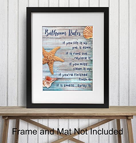 Beach Bathroom Decor - Coastal Nautical Rustic Bathroom Decor -Starfish, Seashells Restroom, Bath Art - Ocean, Sea House Wall Art, Home Decoration - Unique Shabby Chic Gift - Blue Sign 8x10 Photo