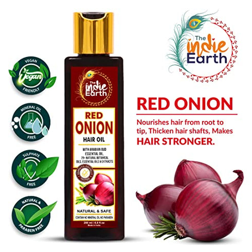 THE INDIE EARTH RED ONION ANTI HAIR LOSS & HAIR GROWTH OIL WITH PURE ARGAN, JOJOBA, ROSEMARY, BLACK SEED OIL IN PUREST FORM VERY EFFECTIVELY CONTROL HAIR LOSS, PROMOTES HAIR GROWTH 200ml