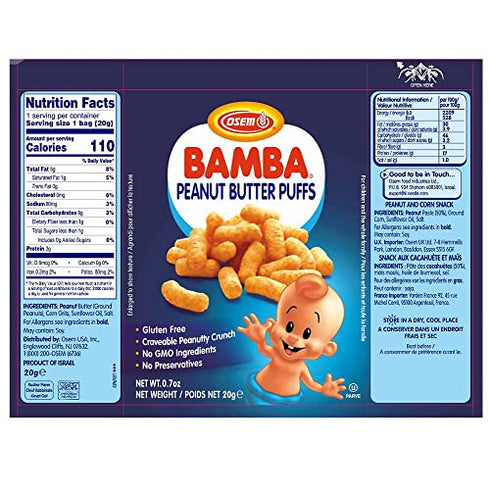 Osem Bamba Peanut Snacks for Babies - All Natural Baby Peanut Puffs Family Pack (Pack of 8 x 0.7oz Bags) - Peanut Butter Puffs made with 50% peanuts.