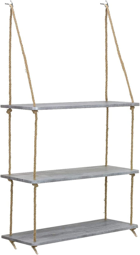 Sorbus Wood Hanging Shelf 3-Tier Rustic Wood Swing Storage Shelves Jute Rope Organizer Rack, Floating Display Shelves (Grey)