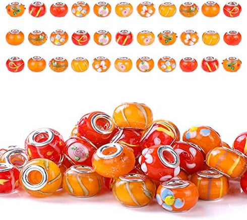 AIPRIDY 50Pcs 15x11mm Murano Large Hole Glass Beads with Silver Brass Cores European Beads for Jewelry Making (Orange)
