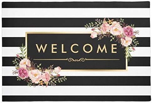 Classy Black White Stripes Beautiful Floral Indoor Doormat Entrance Decor Mat Rugs Welcome Door Mat23.6 x15.7inch