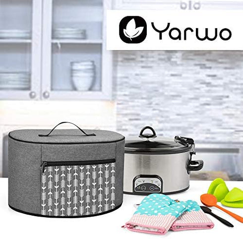 YARWO Slow Cooker Dust Cover Compatible with Crock Pot and Hamilton Beach 6-8 qt Slow Cooker, Dust Free Cover with Zipper Pocket and Wipe Clean Liner, Gray with Arrow