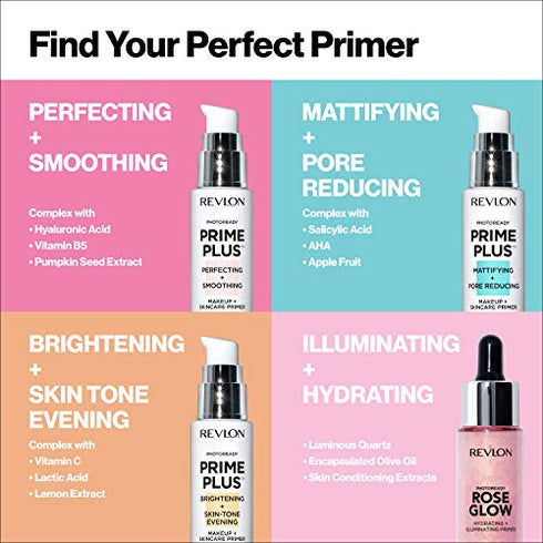 Face Primer by Revlon, PhotoReady Prime Plus Face Makeup for All Skin Types, Blurs & Fills in Fine Lines, Infused with Vitamin C and Lactic Acid, Brightening & Skin Tone Evening, 1 Oz