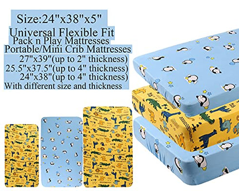 Tontukatu Pack n Play Stretchy Fitted Playard Sheet Set 2 Pack Jersey Knit Ultra Soft Baby Boy Girl Portable Mini Crib Sheets,Convertible Playard Mattress Cover,Penguin Crocodile Monkey Blue Yellow