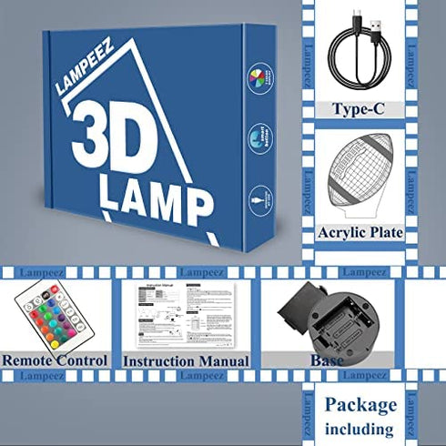 Lampeez Football Gifts Night Light, Kids 3D American Football Night Light Optical Illusion Rugby Lamp with 16 Colors Changing Remote Birthday Xmas Valentine's Day Gift Idea for Sport Fan Boys Girls
