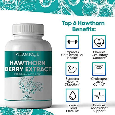 Hawthorn Berry Extract Hibiscus Olive Leaf Blend 450mg per serving, Heart Health High Blood Pressure Support Supplement Powerful Antioxidant,120 Veg Caps 4 Month Supply, Hawthorne Berry Capsules Vegan