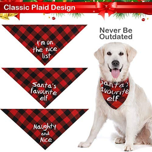 BINGPET Christmas Dog Bandanas - 3 Pack Plaid Pet Triangle Scarfs with Printing for Small Medium Large Dogs