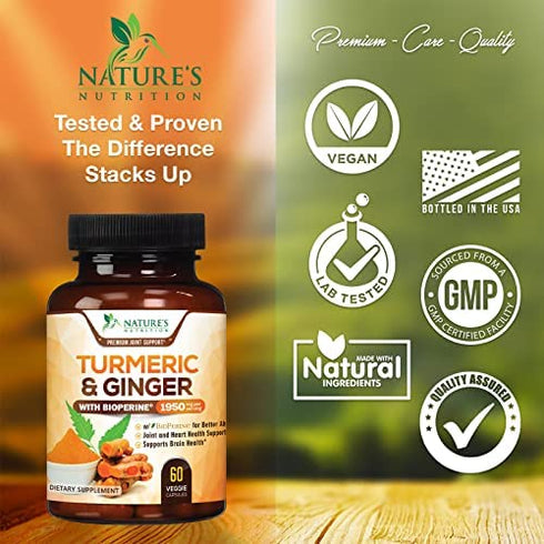 Turmeric Curcumin with BioPerine & Ginger 95% Curcuminoids 1950mg - Natural Joint Inflammatory Support, Black Pepper for Max Absorption, Nature's Tumeric Extract Supplement - 60 Capsules