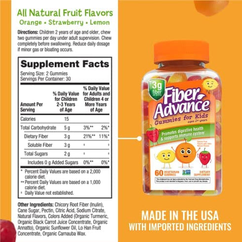 Fiber Advance Gummies for Kids | 100% Plant Based Fiber Supplements for Kids Digestive Health | Prebiotic Fiber Gummies | Vitamins for Kids | Gluten Free, Vegetarian, & Non-GMO, 60 Count
