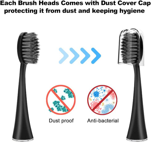 Replacement Toothbrush Heads for Burst Electric Toothbrush Adults with Dust Cover Caps, Soft Charcoal Bristles for Deep Cleaning, Plaque Removal and Whiting Teeth, 5 Counts, Black
