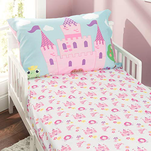 EVERYDAY KIDS 3-Piece Toddler Fitted Sheet, Flat Sheet and Pillowcase Set - Princess Storyland - Soft Breathable Microfiber Girls Toddler Sheets Set - Toddler Bed Sheets